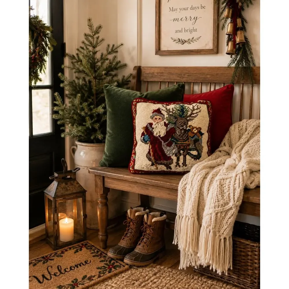 Vintage Christmas Accent Needlepoint Santa & Reindeer Pillow Red Velvet 9x9